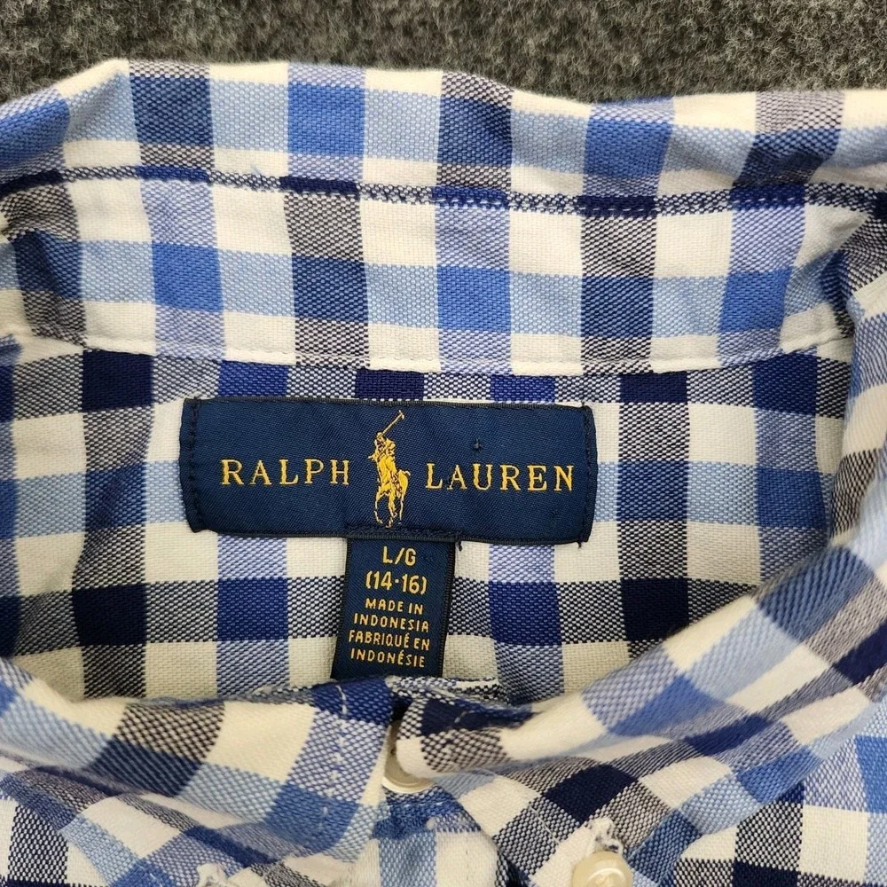 Ralph Lauren Boys Large 14-16 Blue Check Button Down Shirt Cotton Blend‎ Stretch